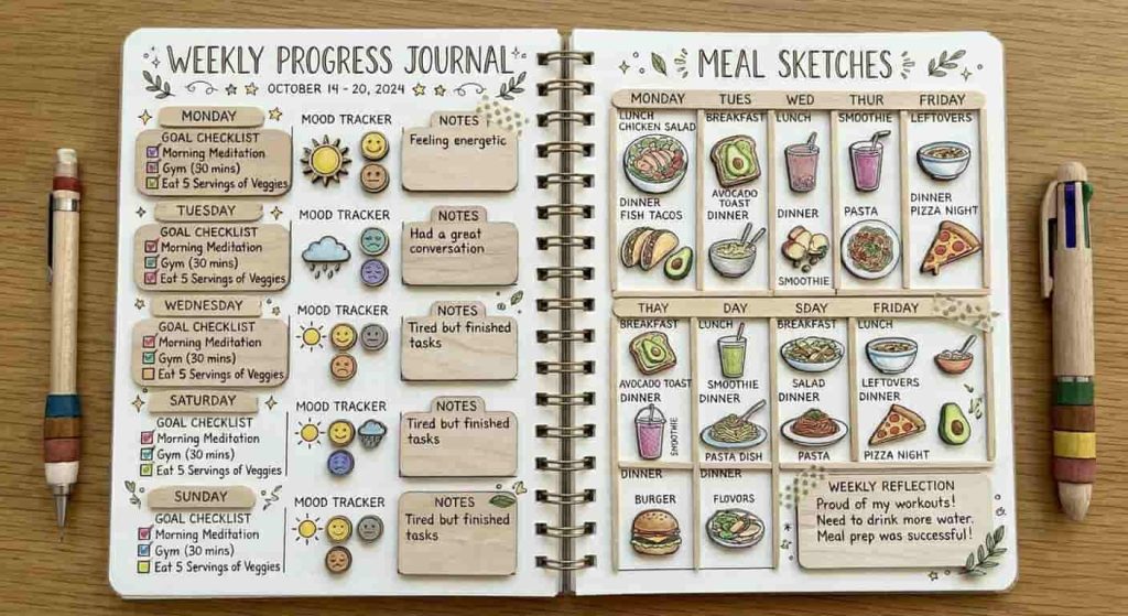 AIP diet 30 day progress journal showing weekly improvements and meal plan tracking