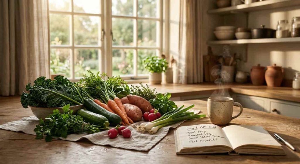 AIP diet morning routine with fresh vegetables and autoimmune protocol meal prep