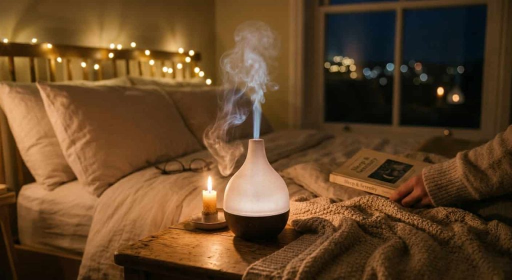 Aromatherapy natural sleep aids with essential oil diffuser in bedroom