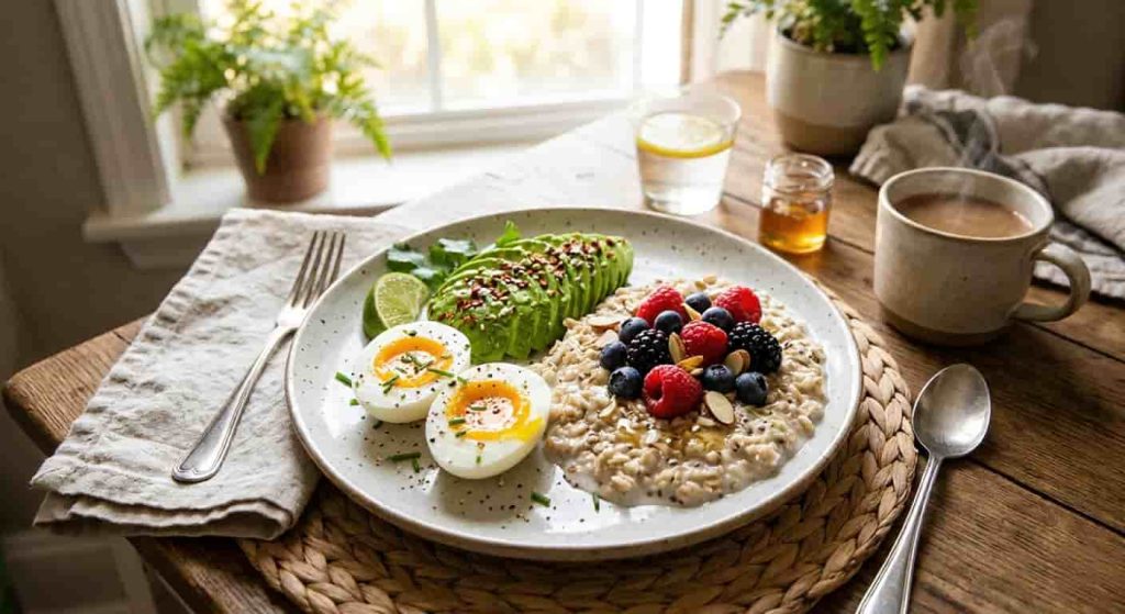 Balanced breakfast suggestions with eggs avocado oats and berries for sustained energy