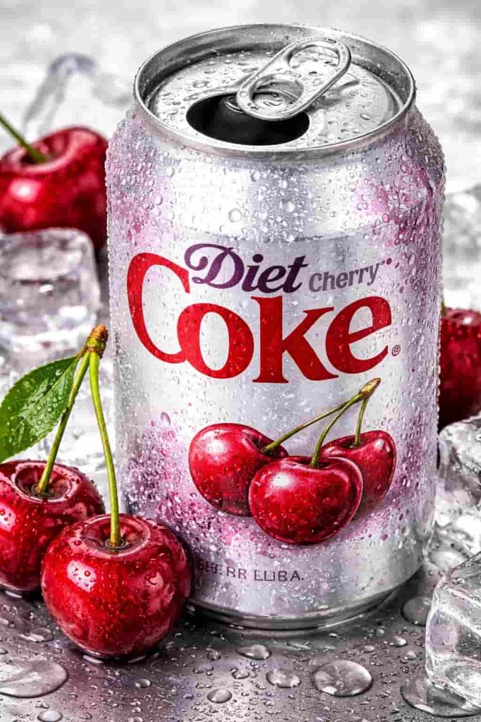 Close-up of Diet Cherry Coke can with condensation and fresh cherry garnish showing crisp carbonation