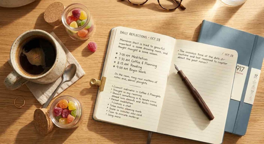 gruns superfood gummies in a morning routine with coffee and notebook