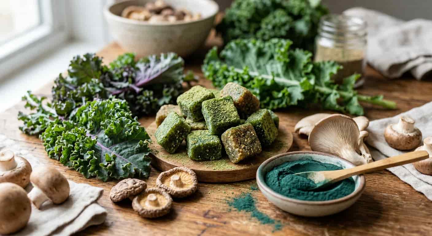 gruns superfood gummies with kale spirulina and mushroom ingredients close up