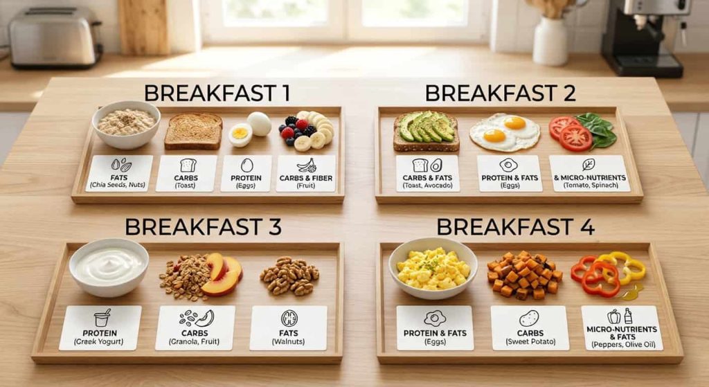 Healthy breakfast suggestions combinations with protein carbs and fats labeled