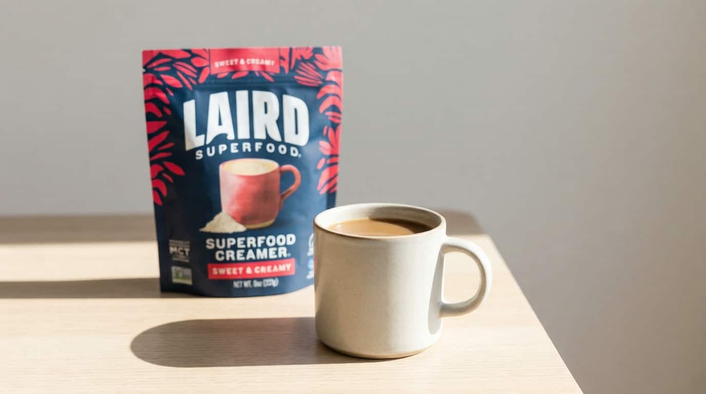Laird Superfood coffee with clean energy lifestyle aesthetic setup