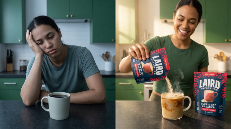 before and after coffee comparison using laird superfood creamer for steady energy