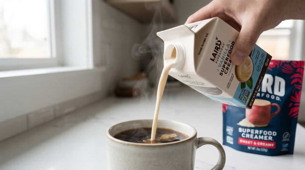 laird superfood creamer being added to hot coffee during a morning routine