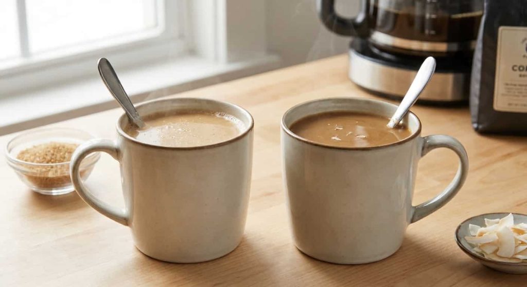 comparison between traditional sugary coffee creamer and laird superfood creamer