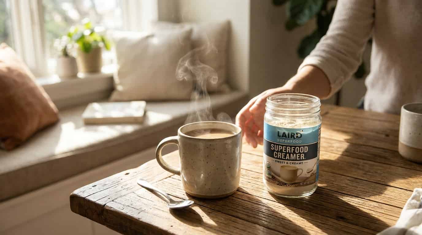 Laird Superfood creamer in morning coffee routine with natural light