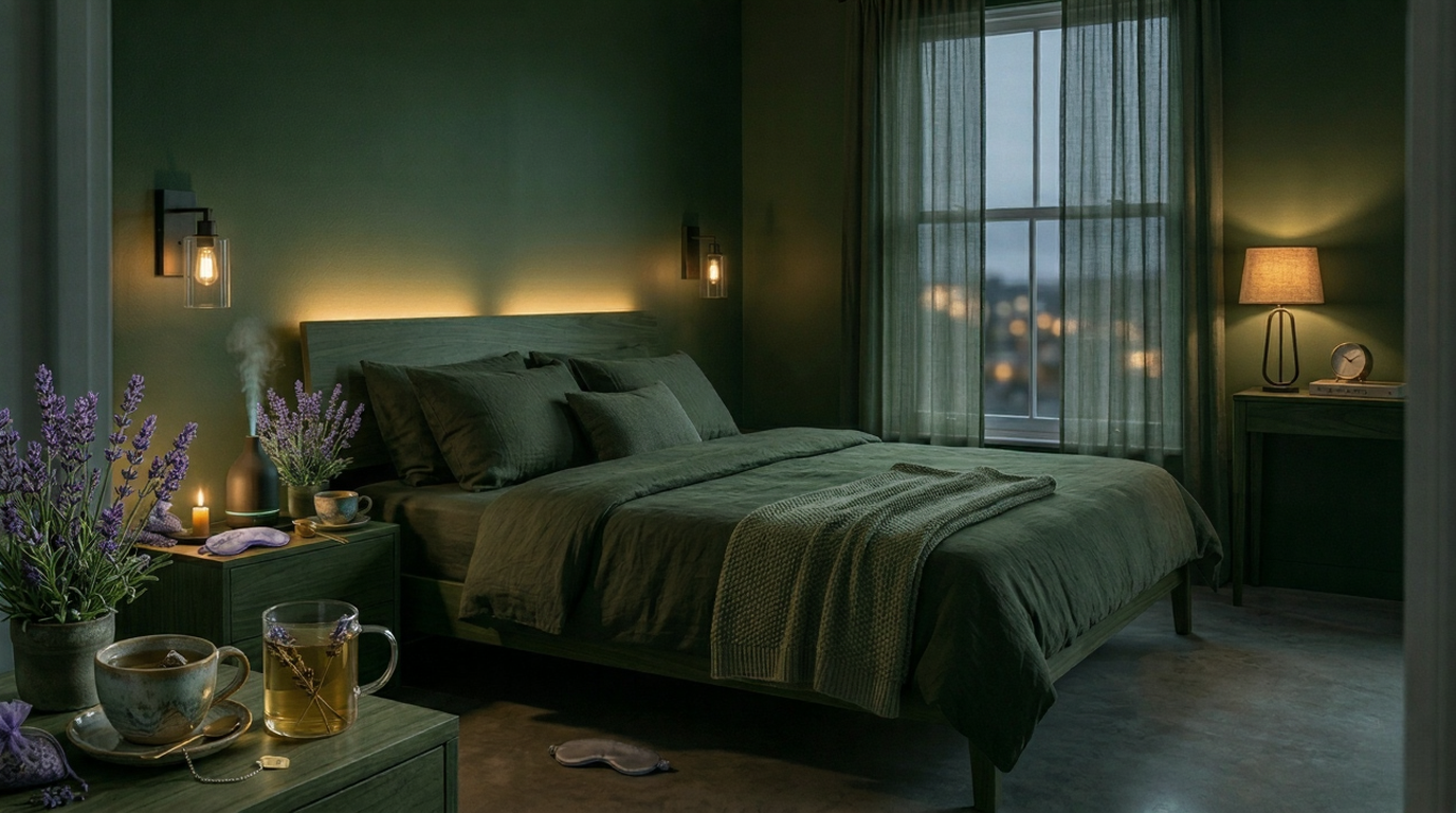 Natural sleep aids like herbal tea and lavender in a calming bedroom setup