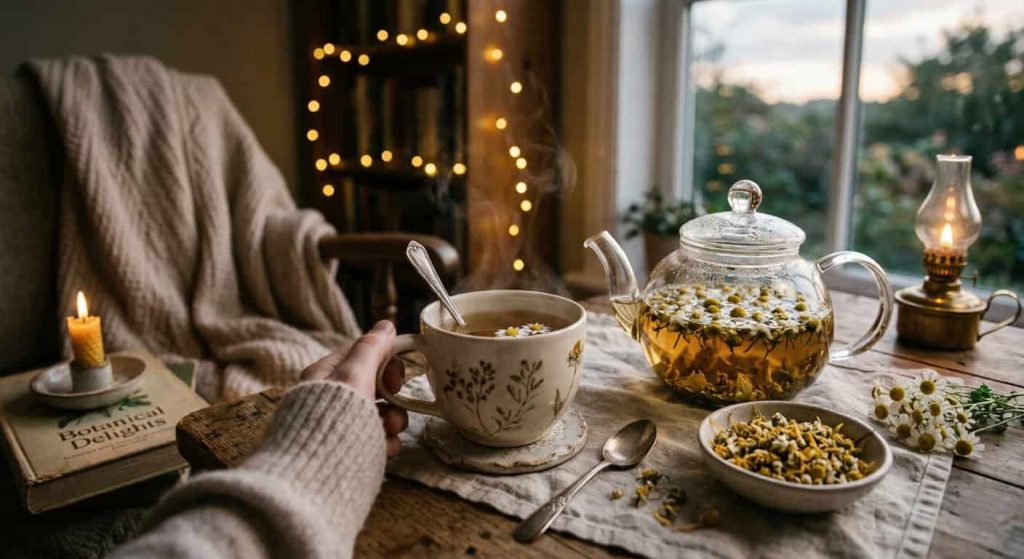Natural sleep aids herbal tea with chamomile flowers for better sleep