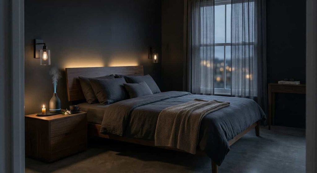 Perfect sleep environment with dark cozy bedroom for natural sleep aids