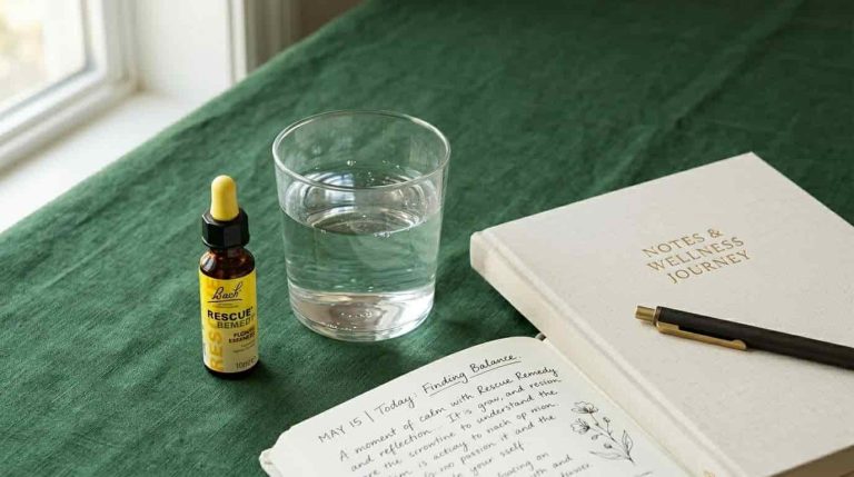 A small Rescue Remedy dropper bottle beside a glass of water and a journal in soft natural light