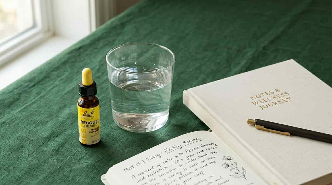 A small Rescue Remedy dropper bottle beside a glass of water and a journal in soft natural light