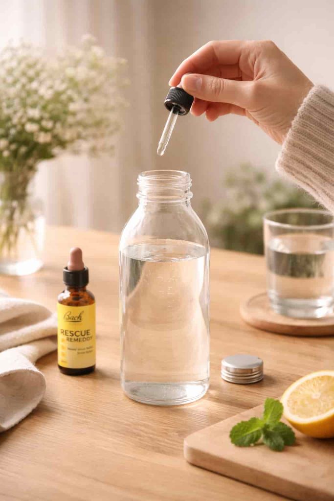 A hand placing four drops of Rescue Remedy into a clear glass water bottle on a wooden table