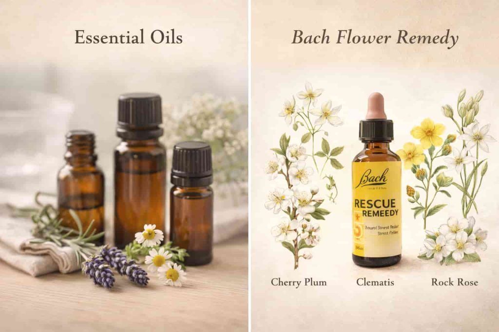 A comparison visual showing essential oil bottles and a Bach flower remedy dropper