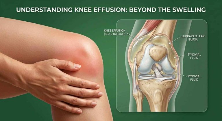 knee effusion remedies showing swollen knee and pain relief concept