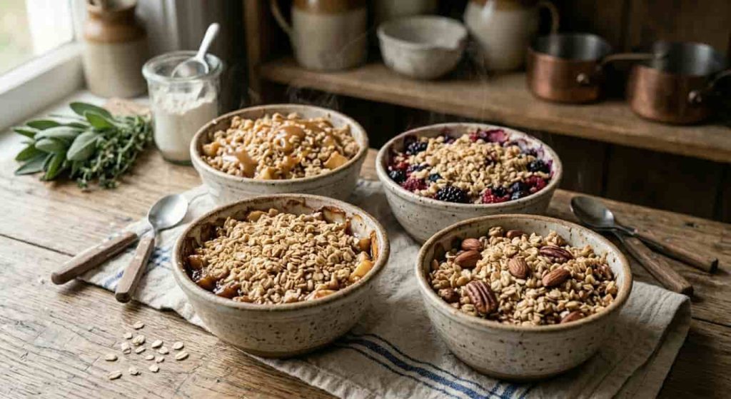 apple crumble variations with oats caramel and berries