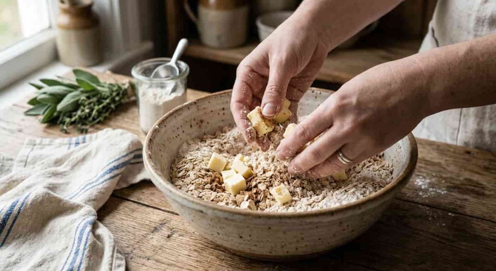 making apple crumble topping with cold butter and oats