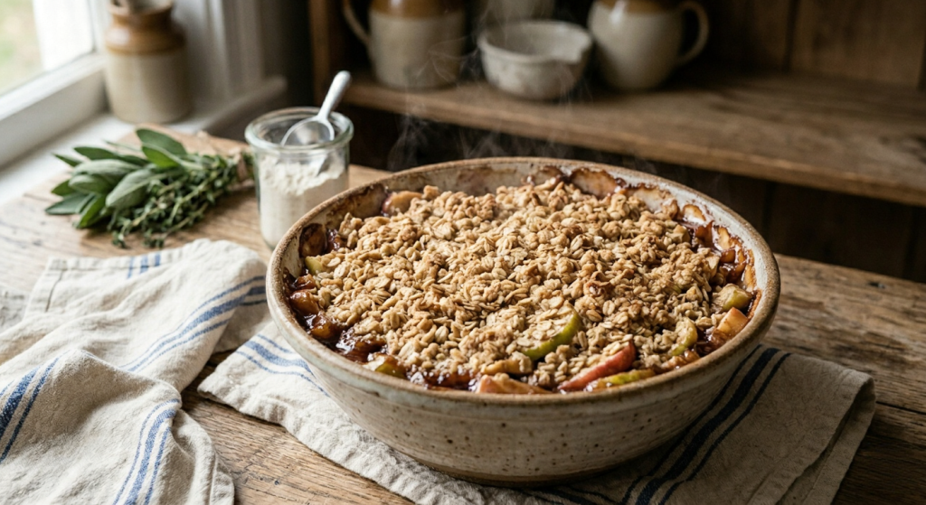 freshly baked apple crumble with crispy golden topping