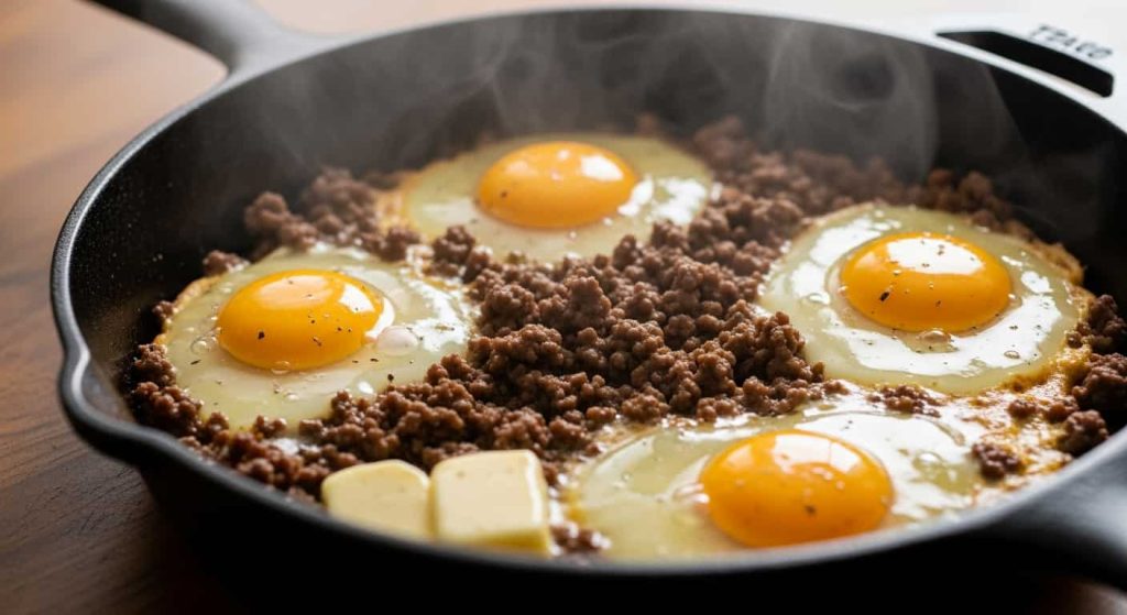 Browned ground beef with egg yolks and melted butter in a cast-iron skillet