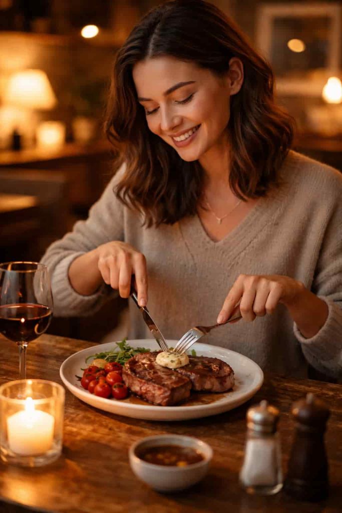 person enjoying steak carnivore diet lifestyle meal