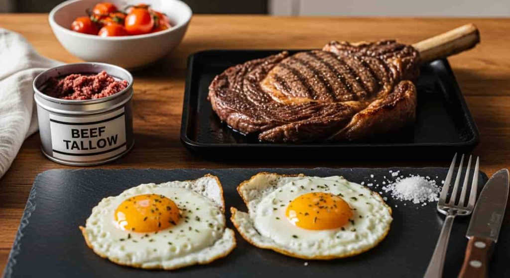 Sizzling ribeye steak with fried eggs, sea salt, and beef tallow on a rustic table