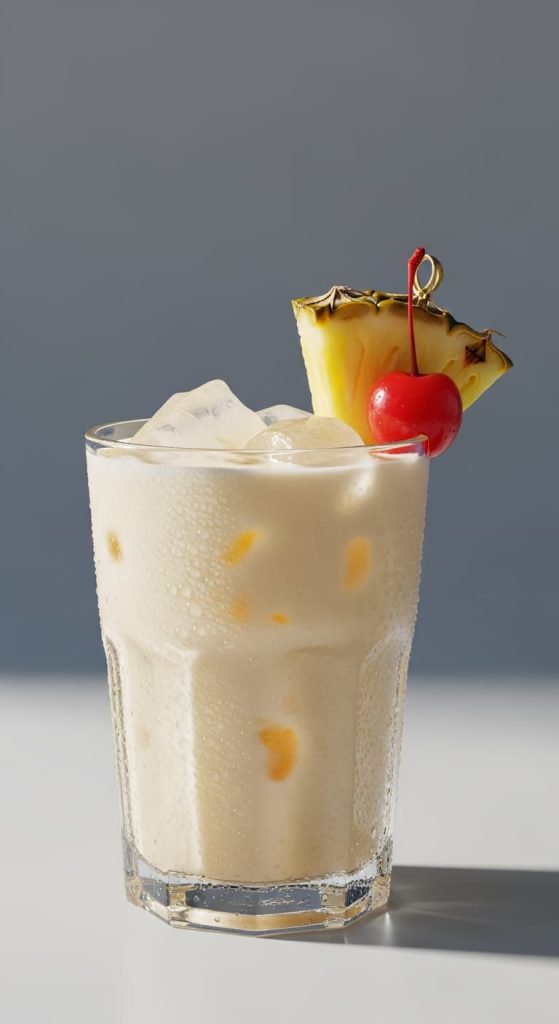 Classic pina colada recipe served in a chilled glass with pineapple wedge and cherry garnish