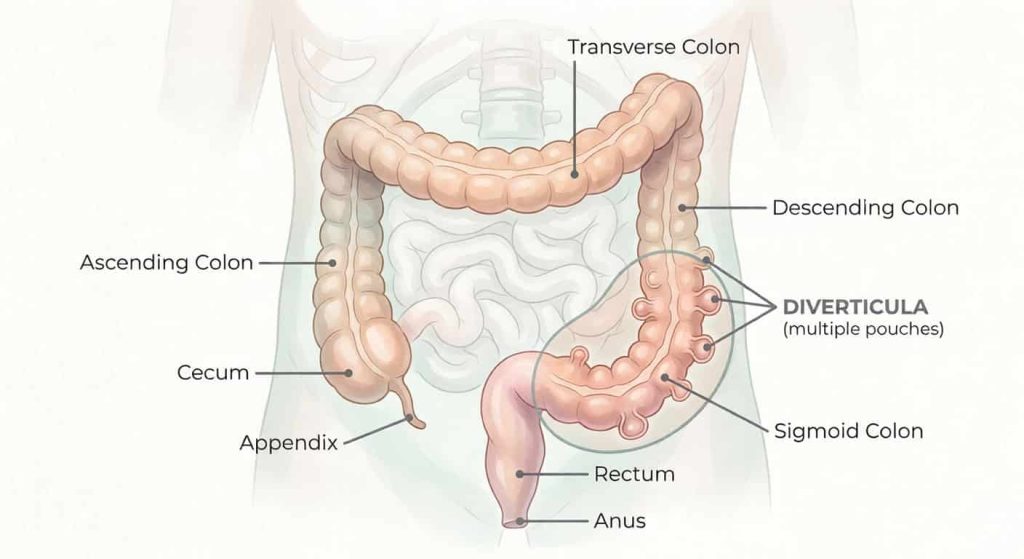 Diverticulitis in colon showing inflamed diverticula medical illustration