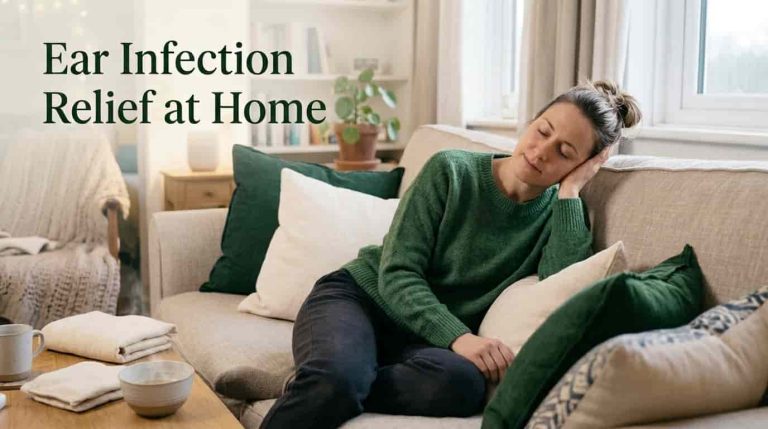 Ear infection home remedy showing natural pain relief using warm compress at home