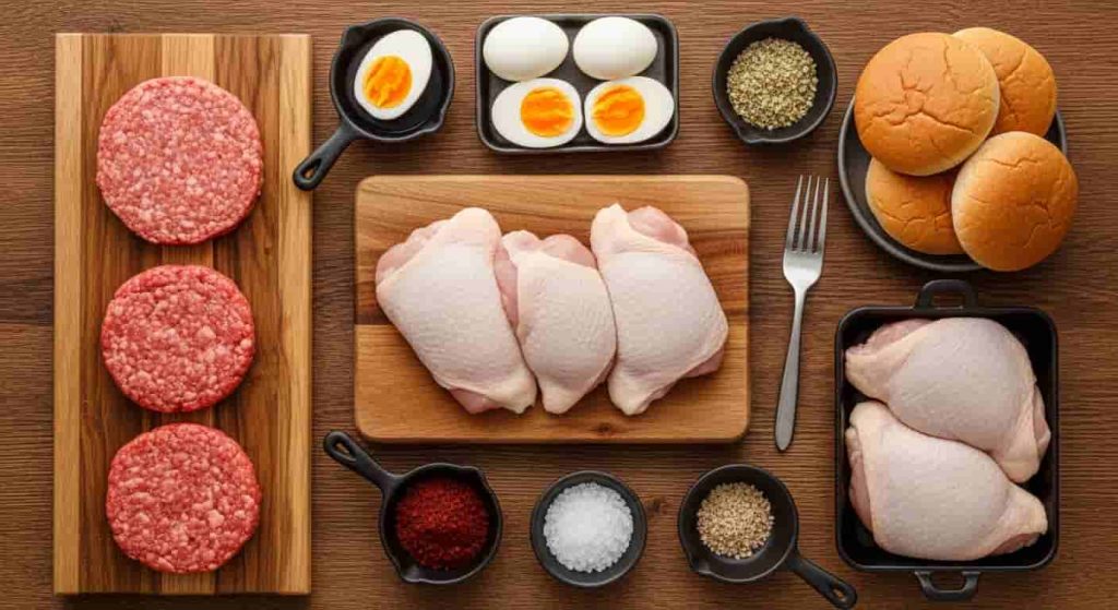 Carnivore meal prep with burger patties, boiled eggs, chicken thighs, and sea salt