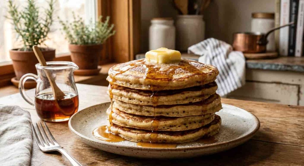 Easy sourdough discard pancakes with butter and maple syrup