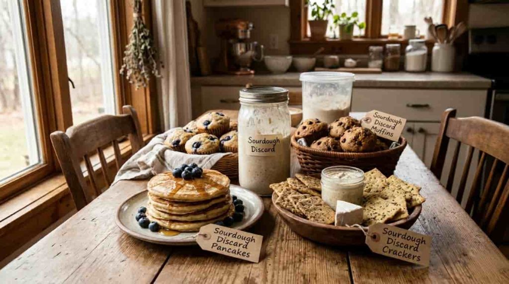 Collection of easy sourdough discard recipes including pancakes crackers and muffins