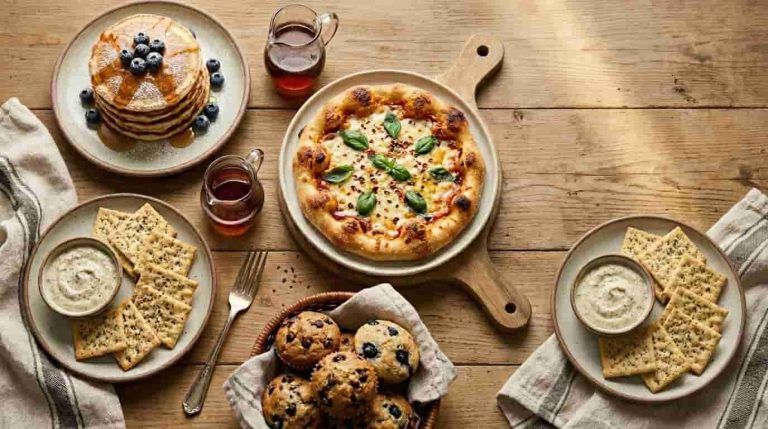 Easy sourdough discard recipes including pancakes crackers pizza and muffins