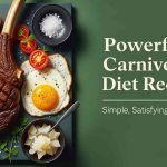 Featured image for carnivore diet recipes with ribeye steak, bacon, fried eggs, and green background
