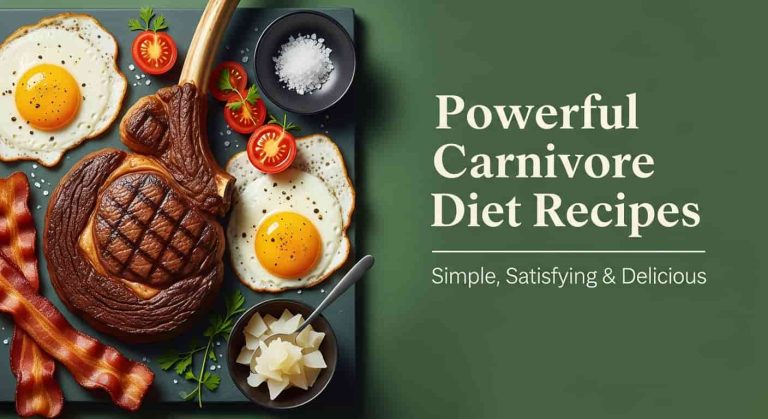 Featured image for carnivore diet recipes with ribeye steak, bacon, fried eggs, and green background