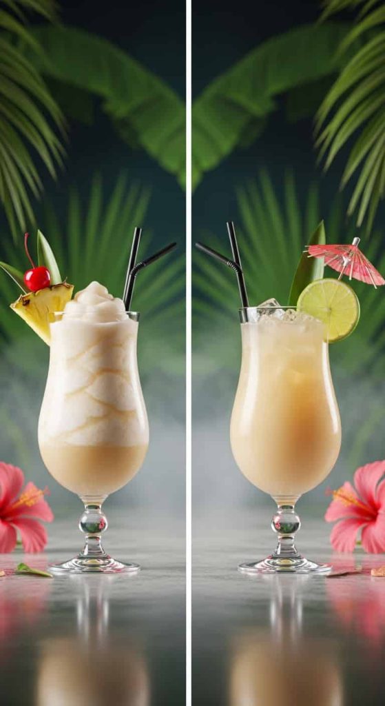 Frozen pina colada and shaken pina colada side by side showing texture difference