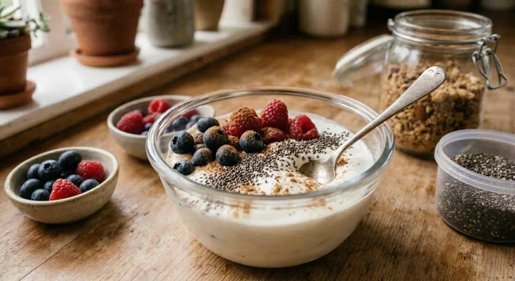 Greek yogurt with chia seeds and berries healthy snack for weight loss