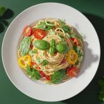 steaming al dente pasta with basil and olive oil in rustic kitchen