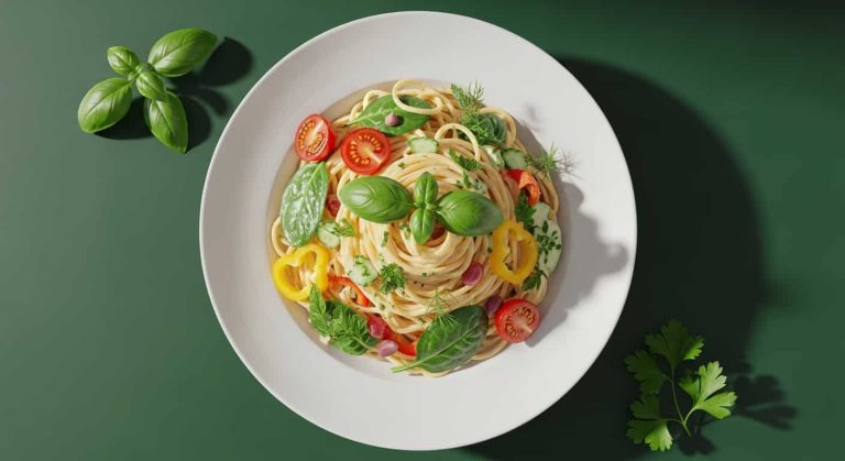 steaming al dente pasta with basil and olive oil in rustic kitchen