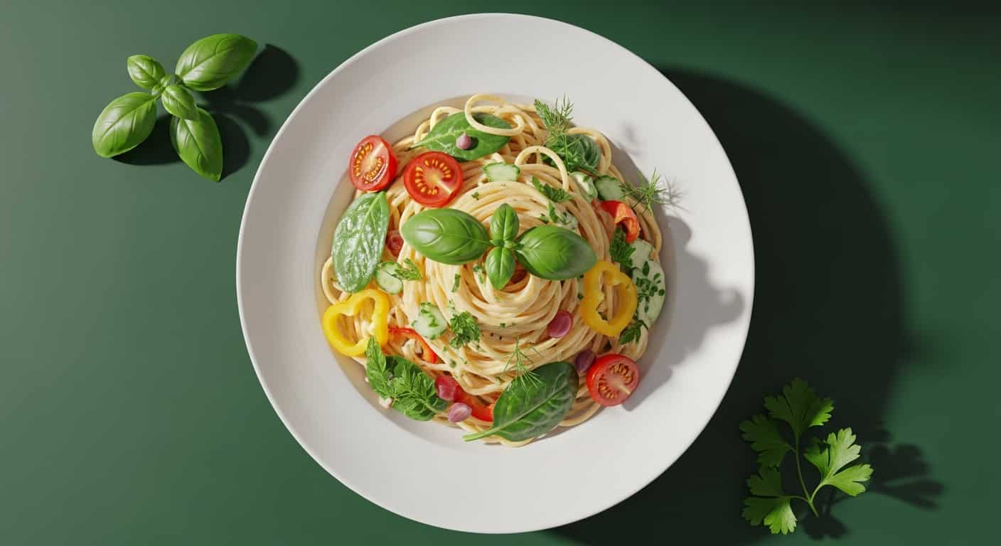 steaming al dente pasta with basil and olive oil in rustic kitchen