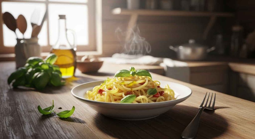  Pasta Recipes  steaming al dente pasta with basil and olive oil in rustic kitchen
