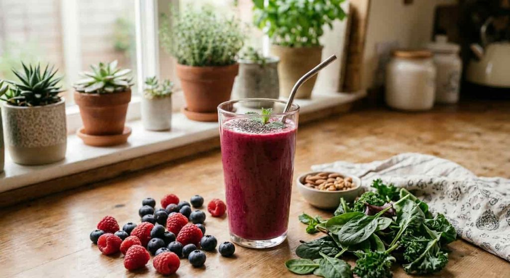 Berry smoothie with chia seeds healthy snack for weight loss