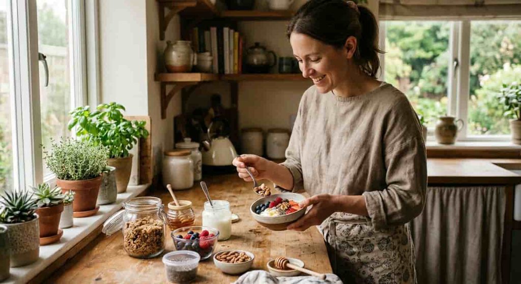 Healthy snack for weight loss with Greek yogurt, berries, chia seeds, and nuts