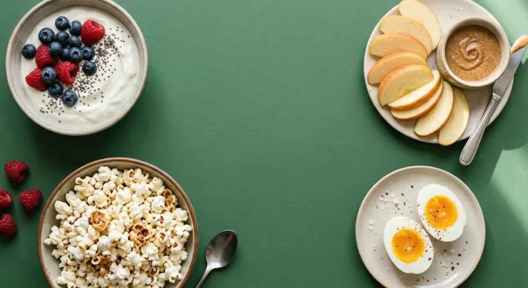 Healthy snacks for weight loss including yogurt, berries, eggs, apple with almond butter and popcorn