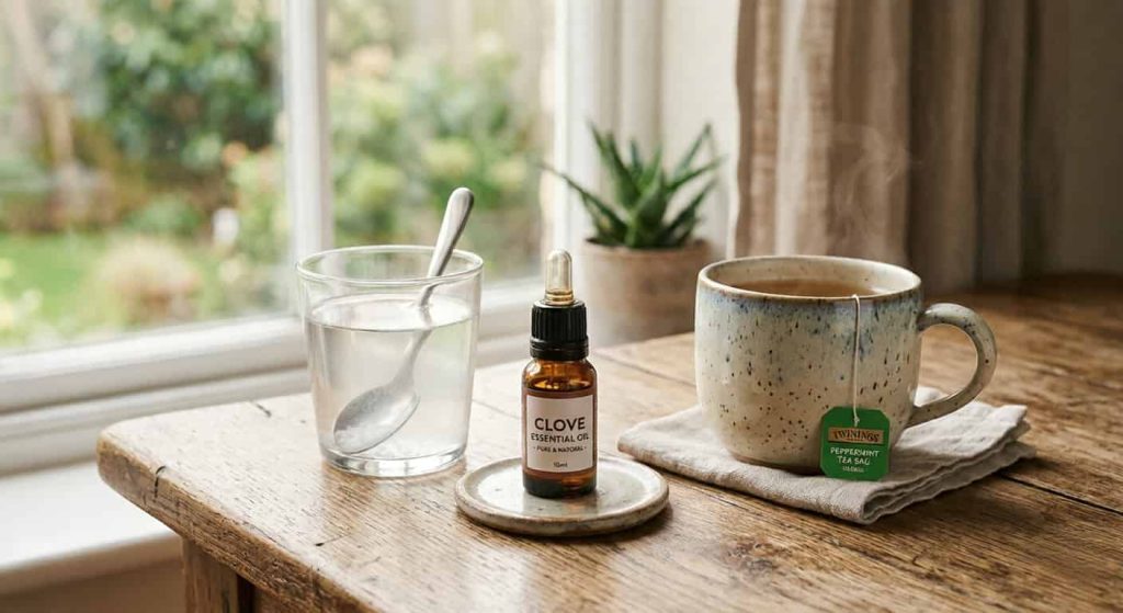 Home remedies for toothache including clove oil, saltwater rinse, and peppermint tea bag for natural pain relief