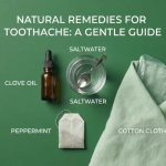 Home remedies for toothache featuring clove oil, saltwater rinse, peppermint tea, and cold compress on green background