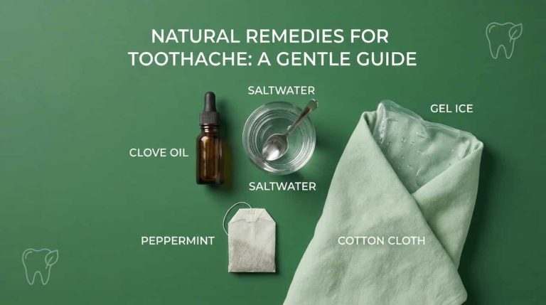 Home remedies for toothache featuring clove oil, saltwater rinse, peppermint tea, and cold compress on green background