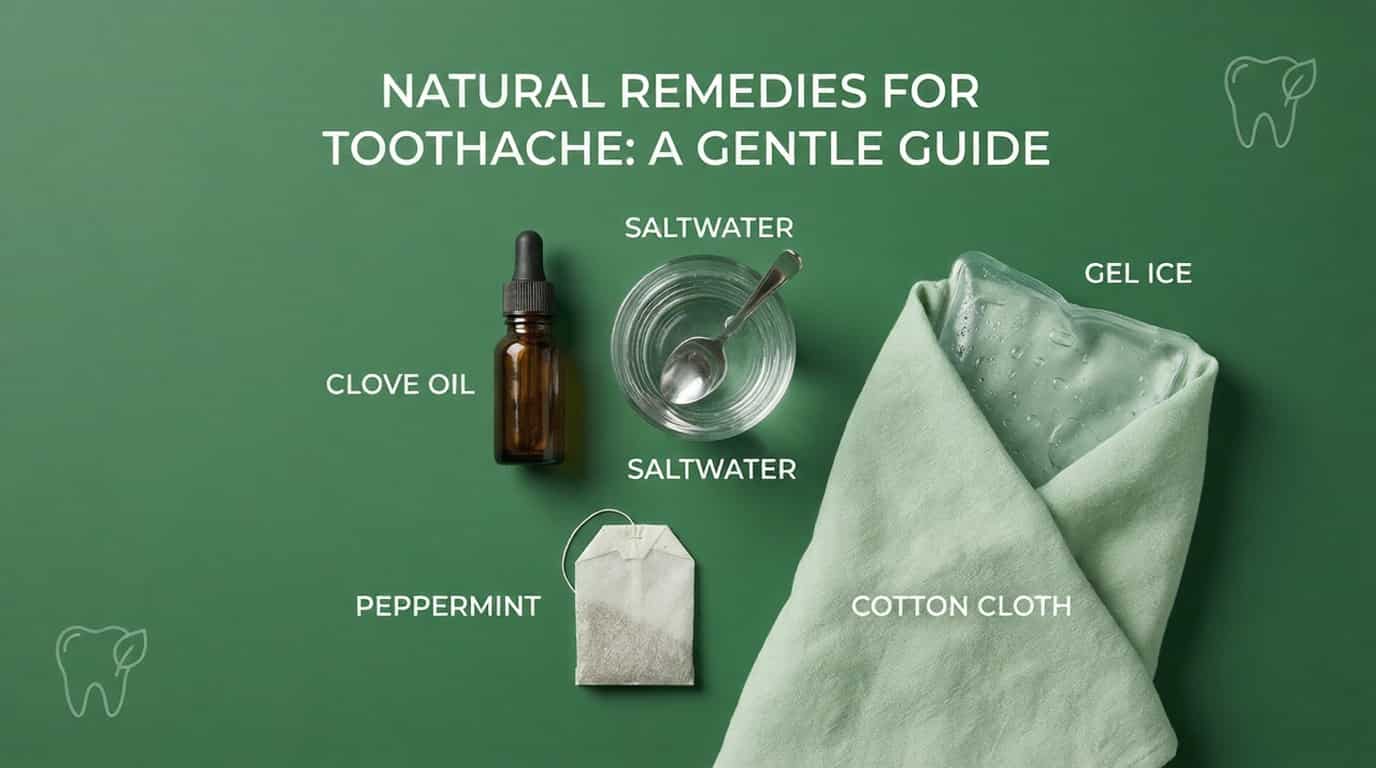 Home remedies for toothache featuring clove oil, saltwater rinse, peppermint tea, and cold compress on green background