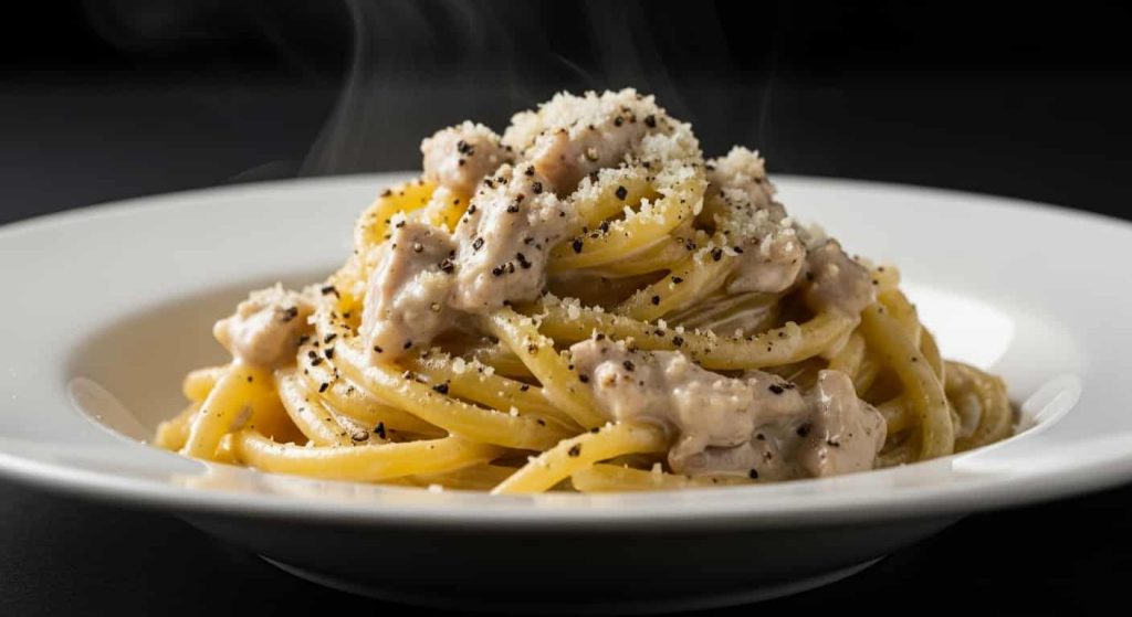 creamy cacio e pepe pasta with black pepper and parmesan close up
